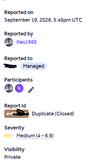Redacted bug bounty platform screenshot showing a medium-severity report closed as duplicate