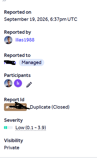 Redacted bug bounty platform screenshot showing a low-severity report closed as duplicate