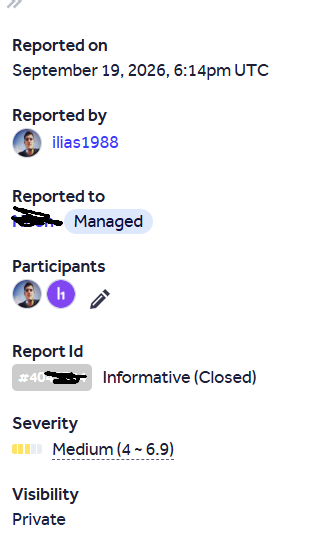 Redacted bug bounty platform screenshot showing a medium-severity report closed as informative