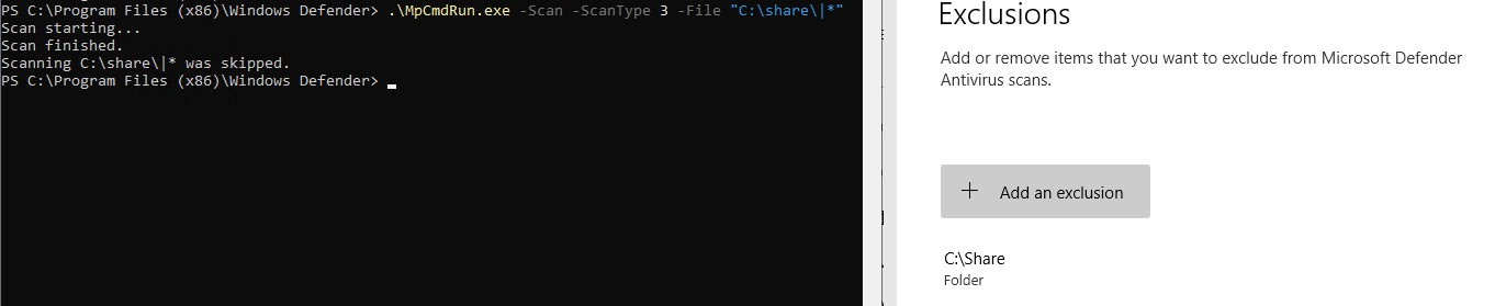Microsoft Defender lists C Share as an exclusion while MpCmdRun reports that the custom scan was skipped