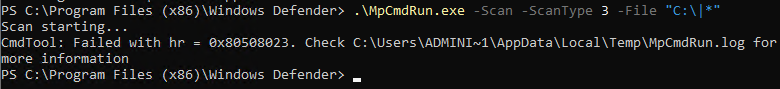 MpCmdRun custom scan against a non-excluded C drive returns HRESULT 0x80508023