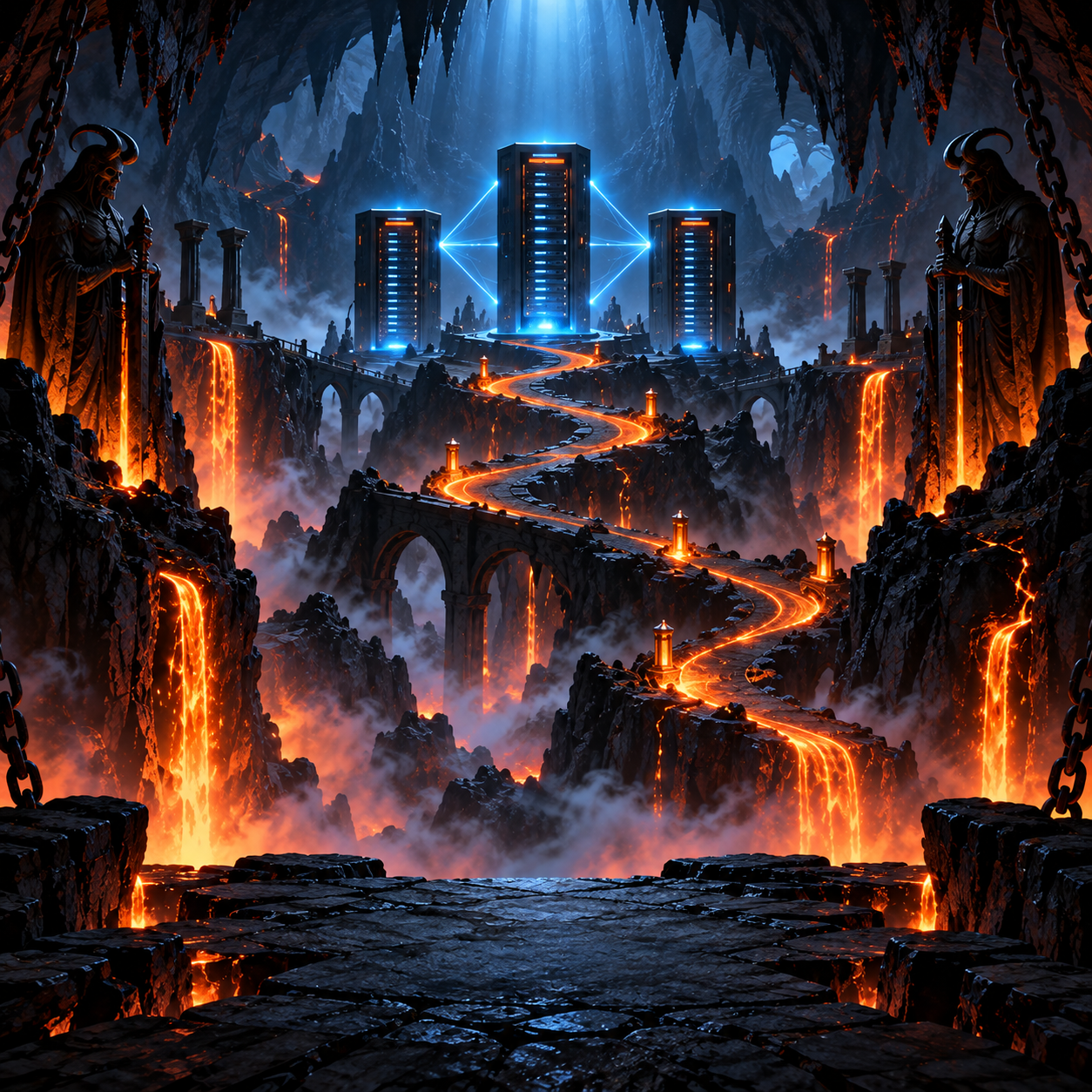 Original illustration of a winding route through an underworld cavern toward three connected servers